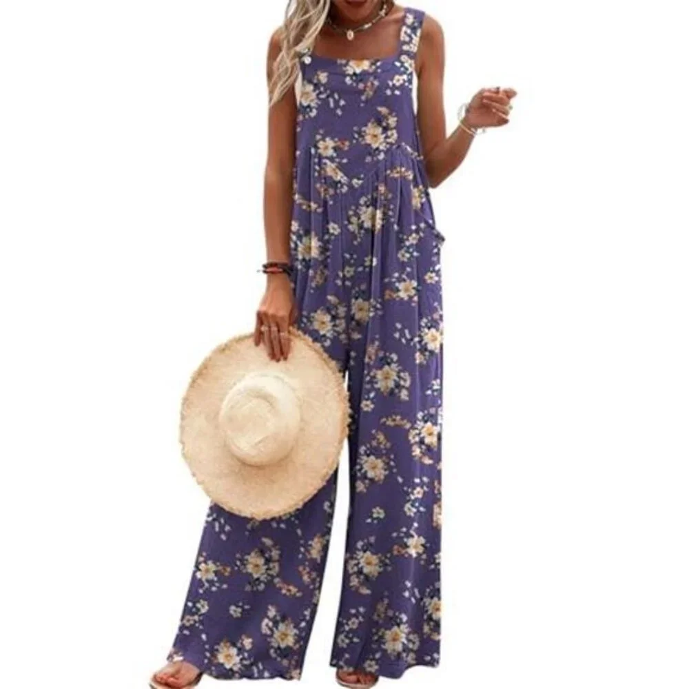 Women's Casual Overalls Loose Wide Leg Jumpsuit Summer Boho Baggy Romper - Picture 1 of 5